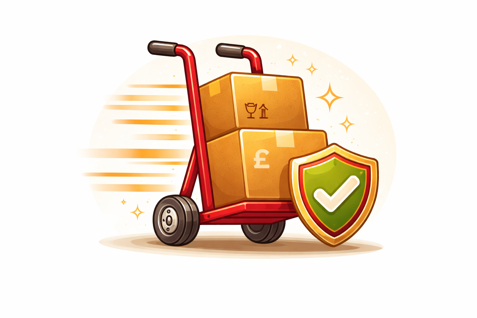 “Efficient loading icon with hand truck, moving boxes and safety shield for man and van in Manchester”