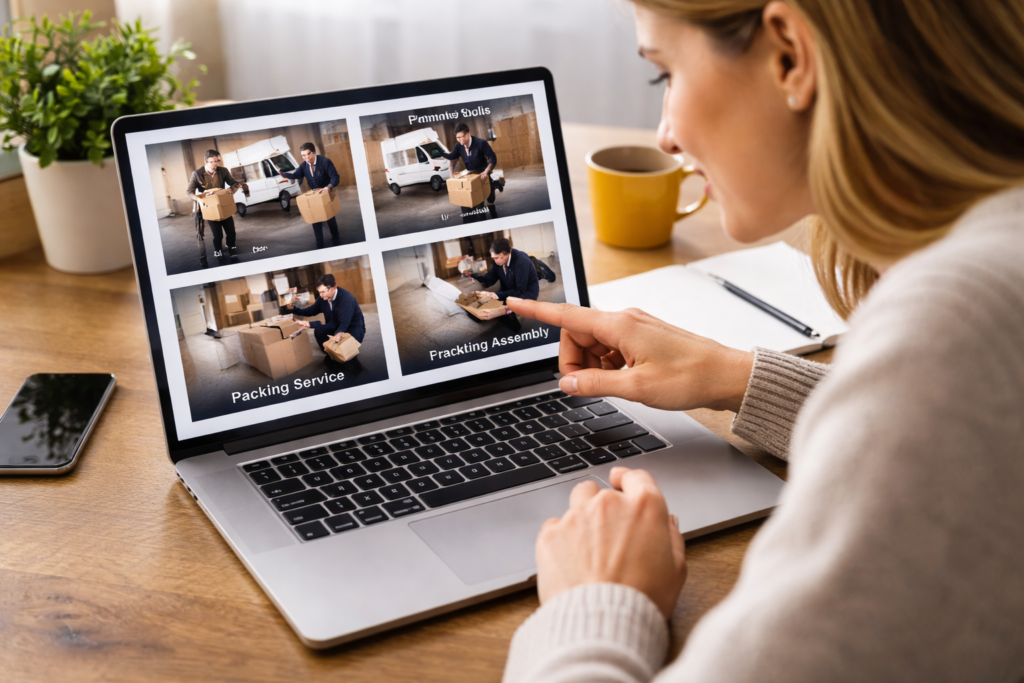 Customer choosing a moving service on a laptop in Manchester – removals, man and van, packing or assembly