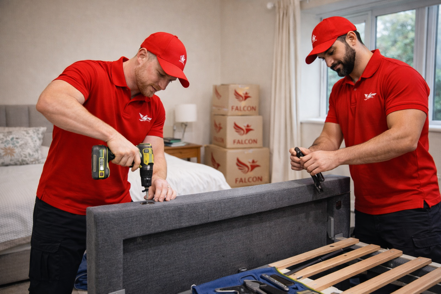 Falcon movers wrapping furniture and packing items with protection materials for a house move
