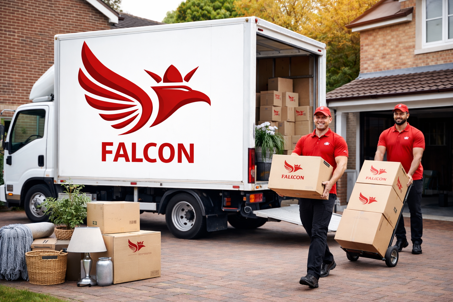 Falcon removals team unloading boxes from a branded truck for a house move
