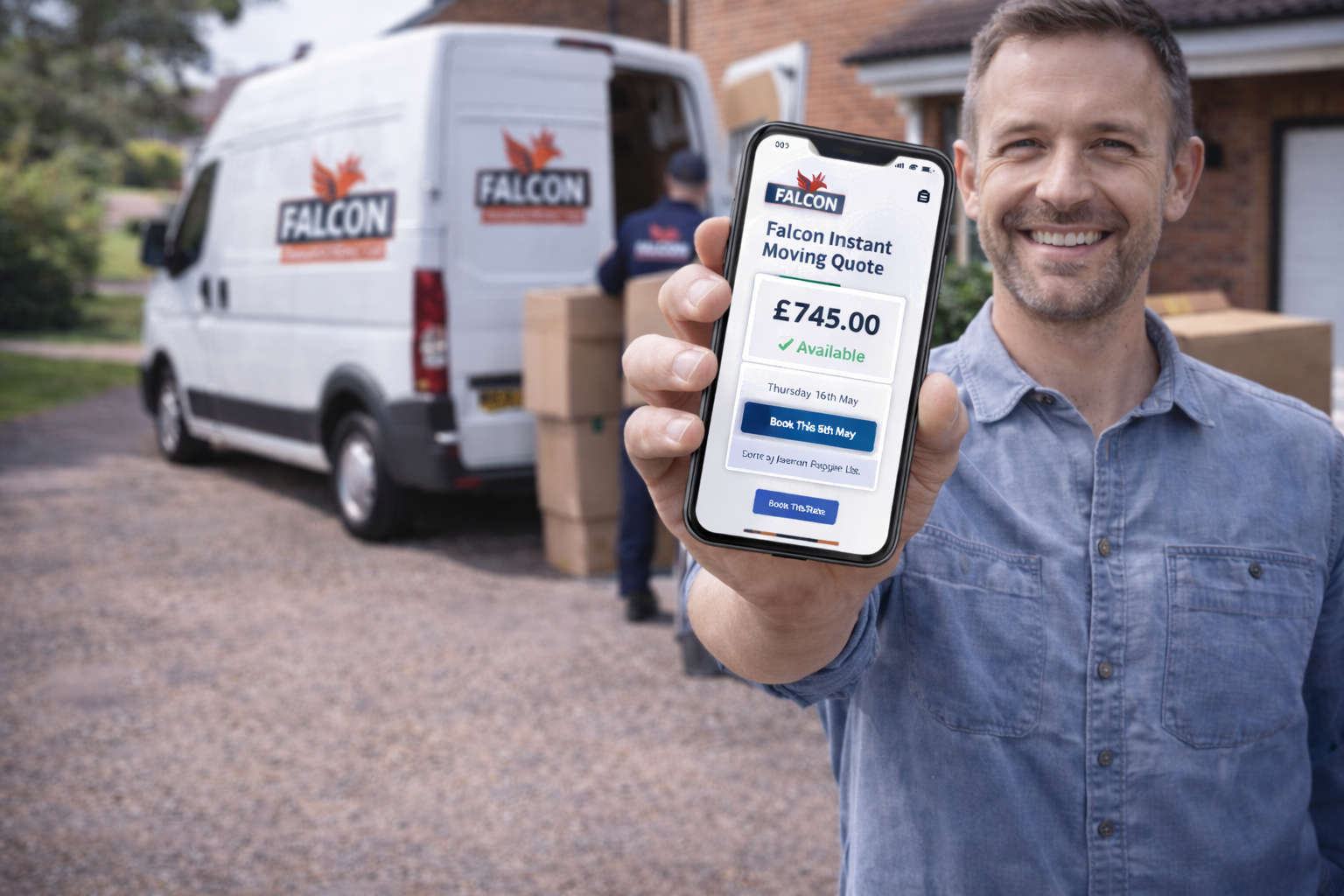 Customer viewing an instant moving quote on a smartphone with Falcon Relocation van in Manchester