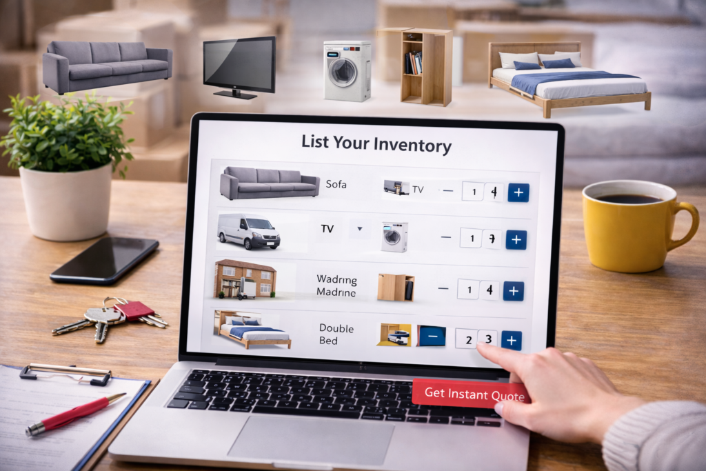 Inventory quote calculator for Manchester removals showing item list for an accurate moving quote