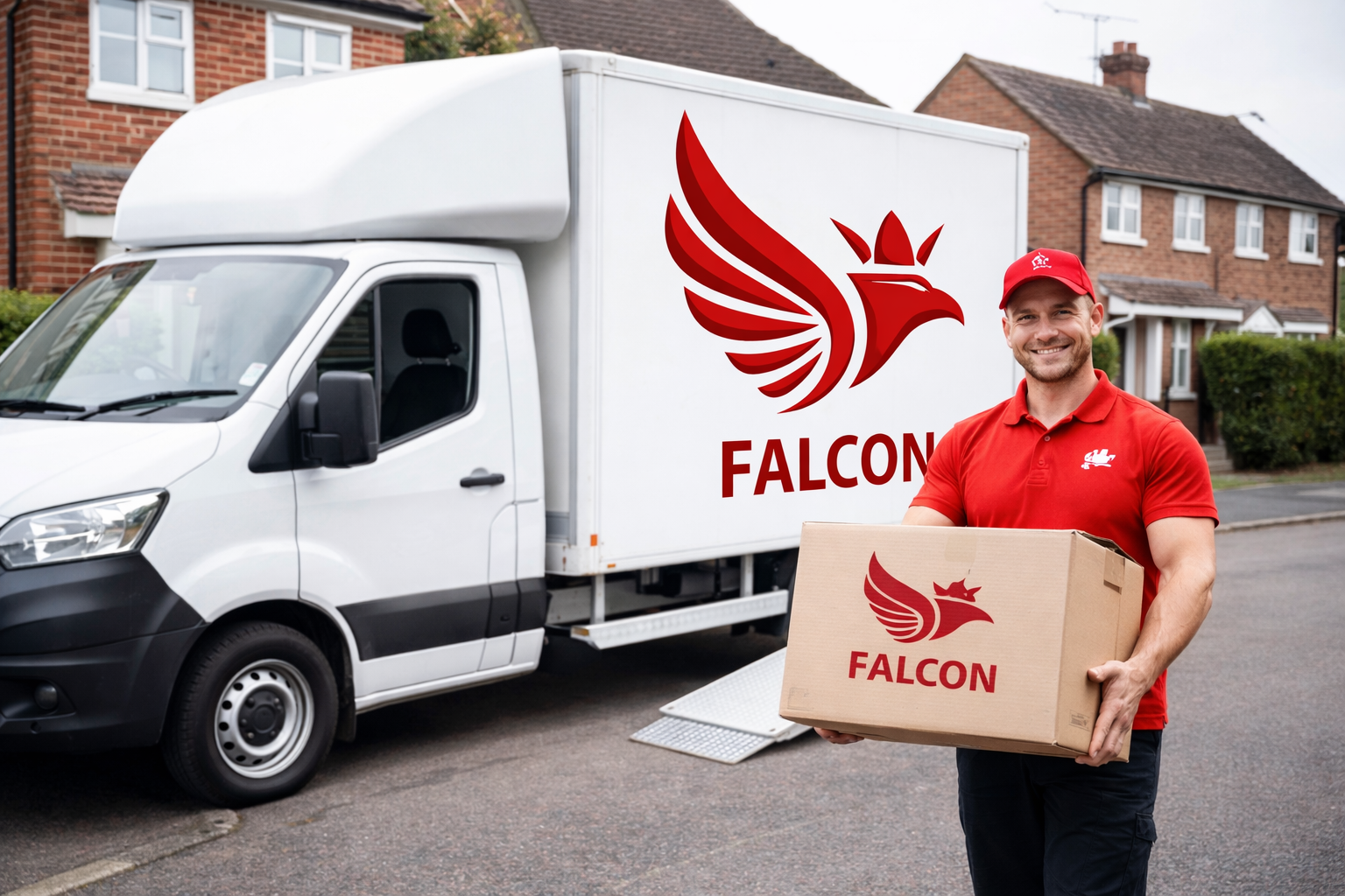 Falcon man and van driver holding a box beside a branded van for local moves