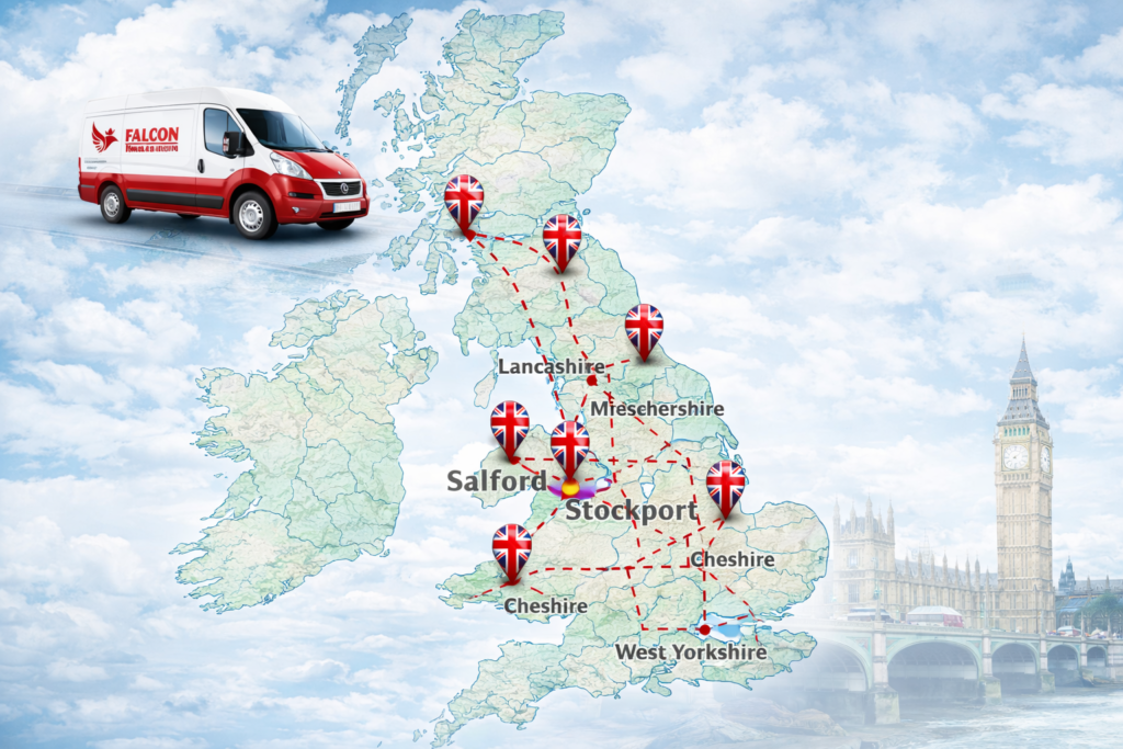 “Service area map showing Manchester coverage with expansion across the North West and UK-wide removals available”