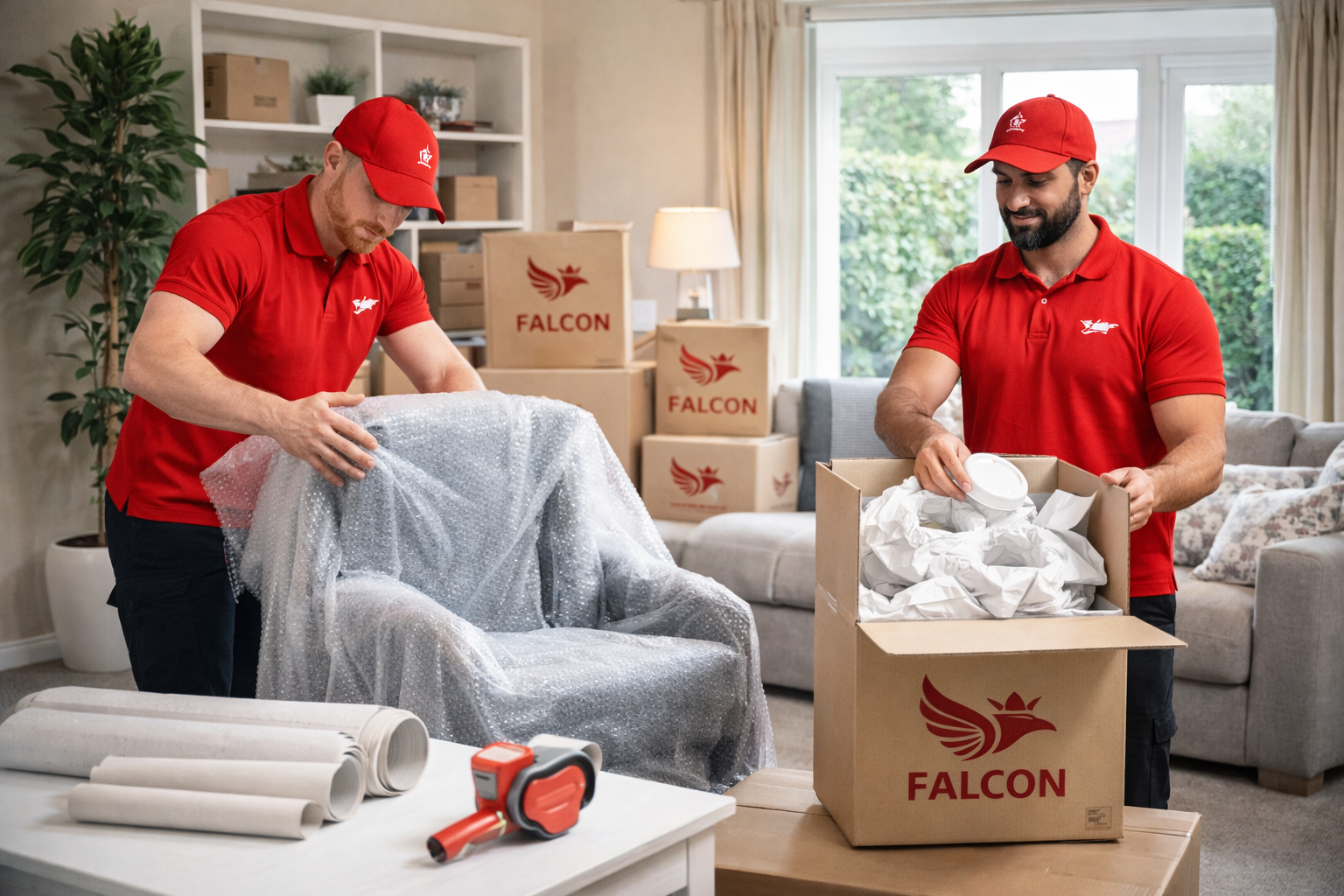 Falcon movers wrapping furniture and packing items with protection materials for a house move