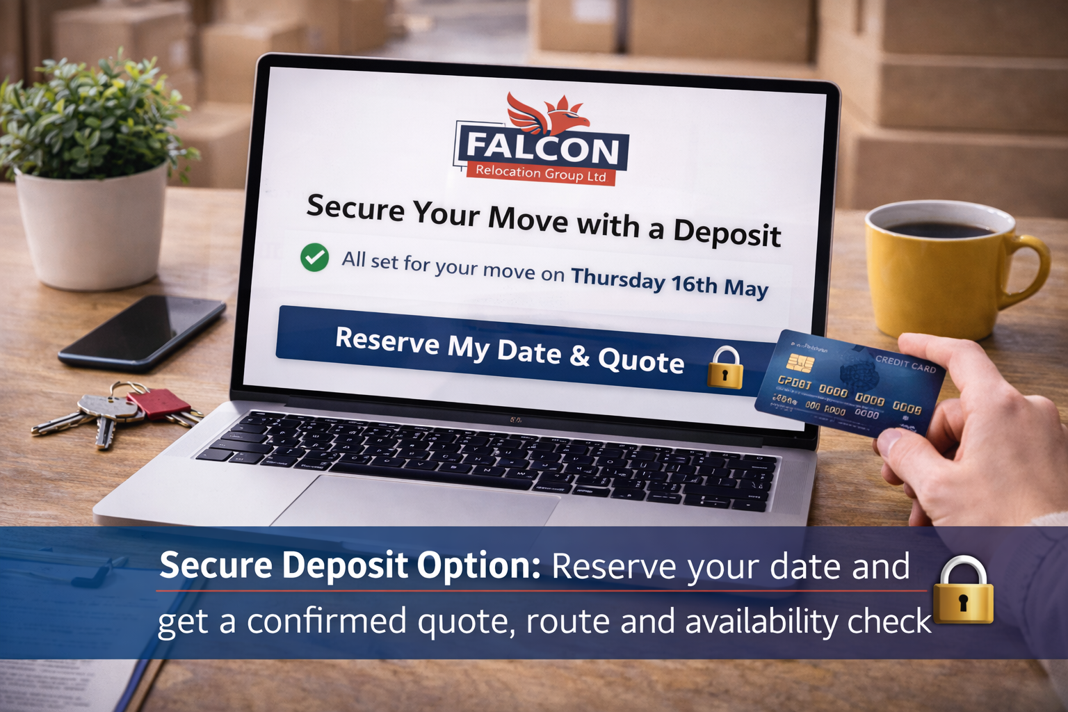Secure deposit option to reserve a moving date with Falcon Relocation Group in Manchester