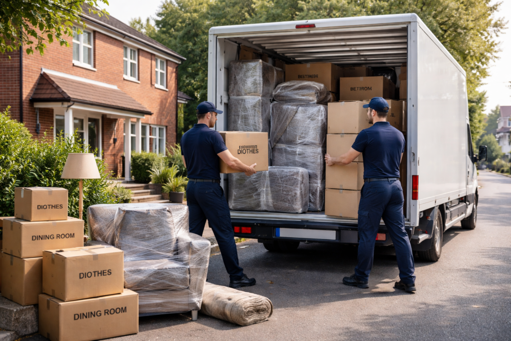 long distance removals from Manchester team loading a removals van for a UK move