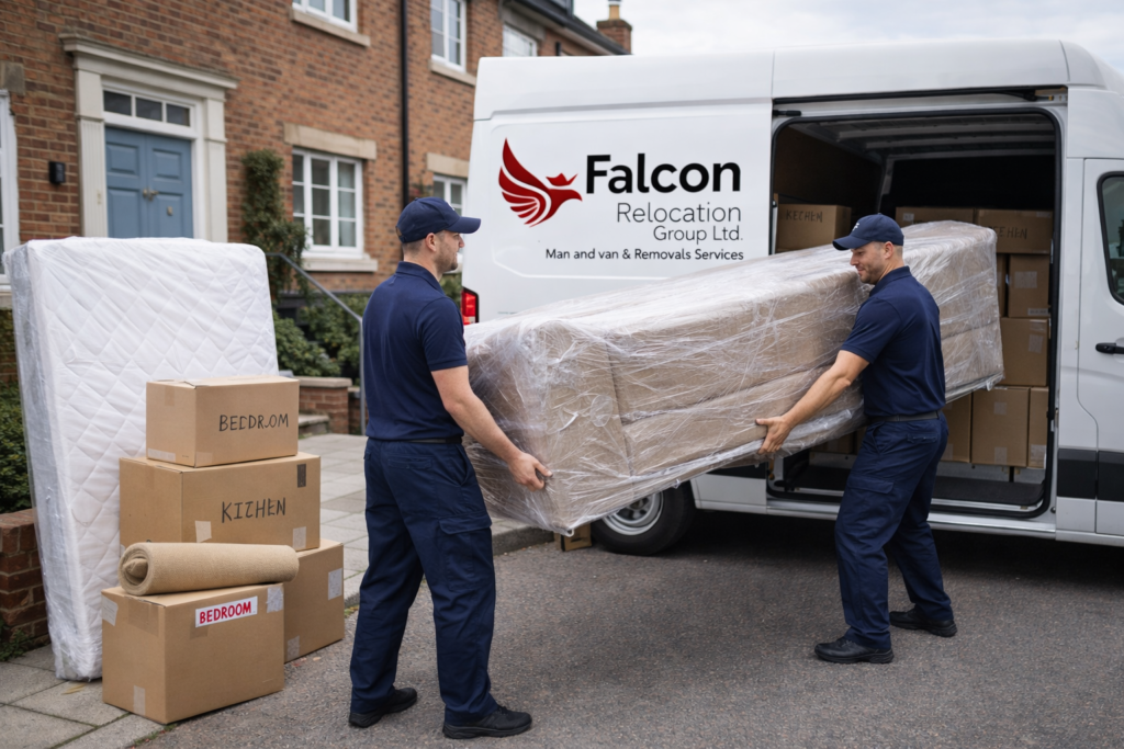 furniture removal quote Manchester team moving a wrapped sofa and boxes into a van