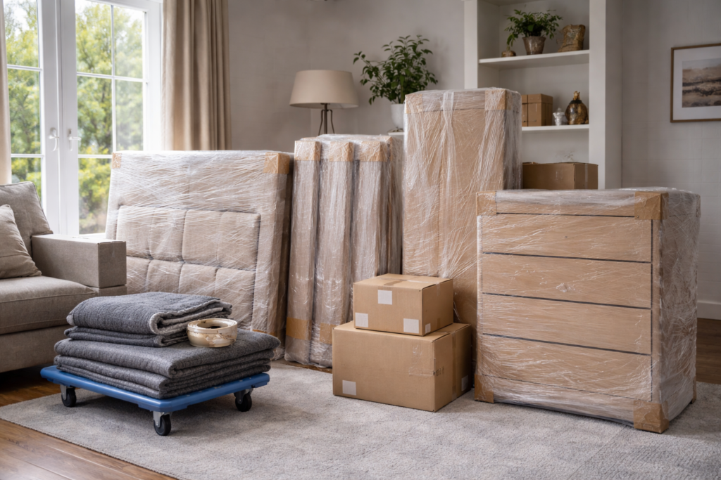 furniture removal quote Manchester item list move with wrapped bed and wardrobe