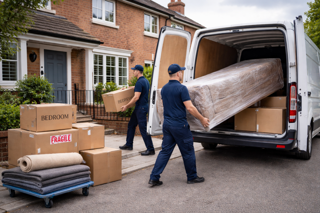 house removals quote Manchester family move with van and labelled boxes