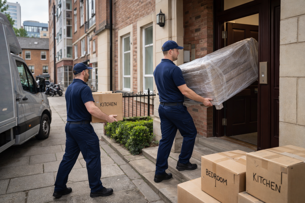 flat removals Manchester team moving boxes into an apartment block with lift access