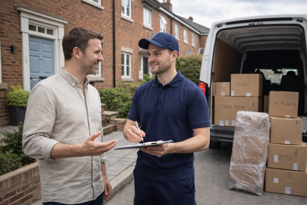 man and van quote Manchester customer discussing a small local move beside a van
