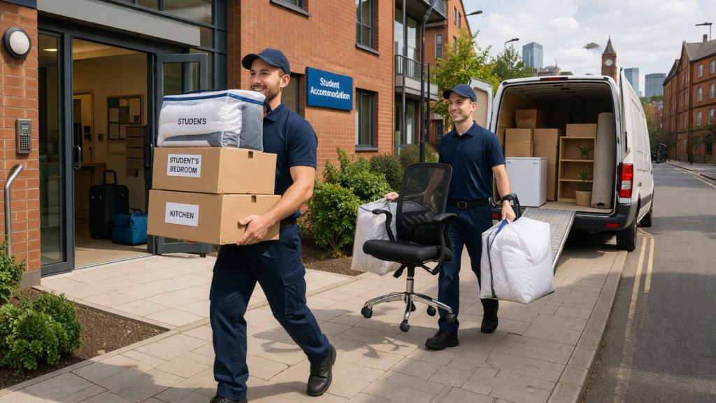 student removals Manchester team carrying boxes into university halls