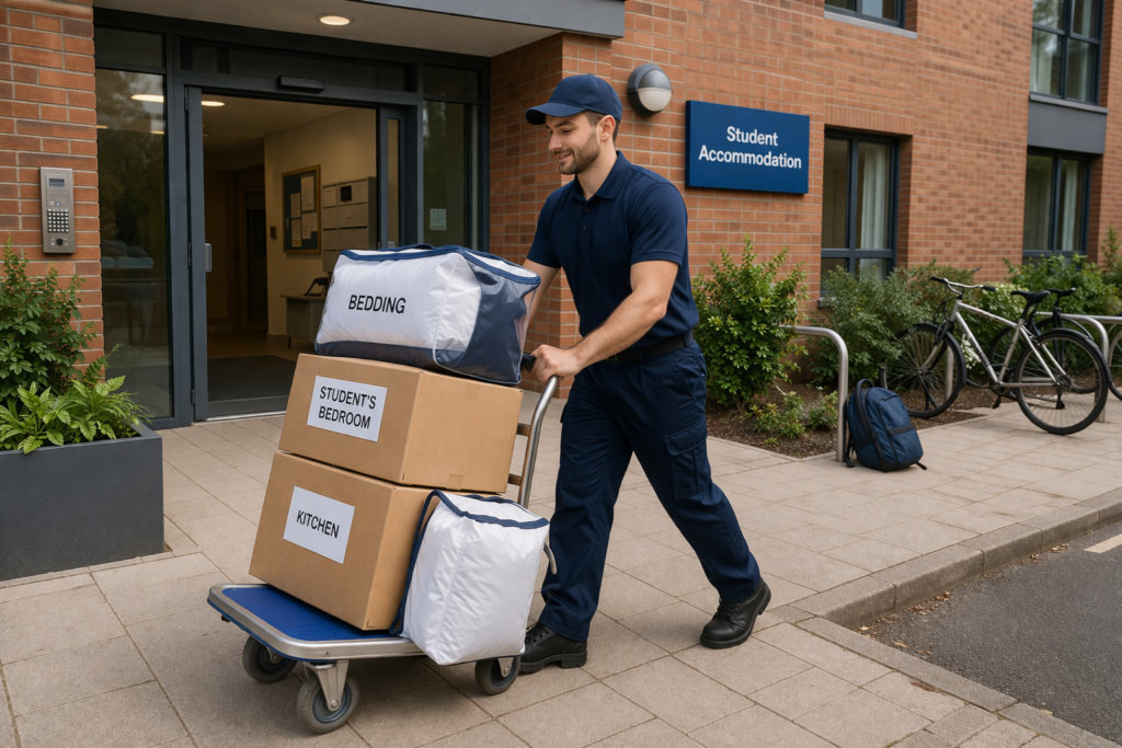 student removals Manchester move into university halls with boxes and trolley
