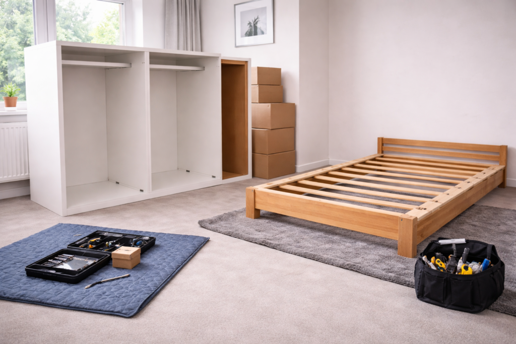 Optional small support image of a tidy room with cleared furniture area, but not essential.