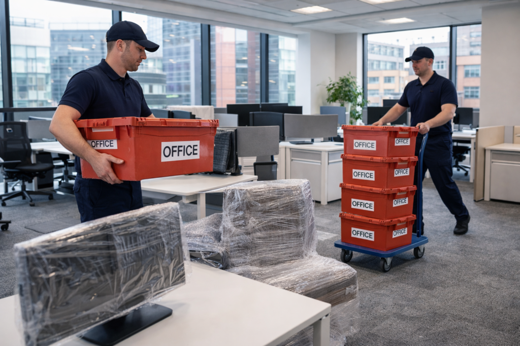 office removals Manchester team handling labelled office crates