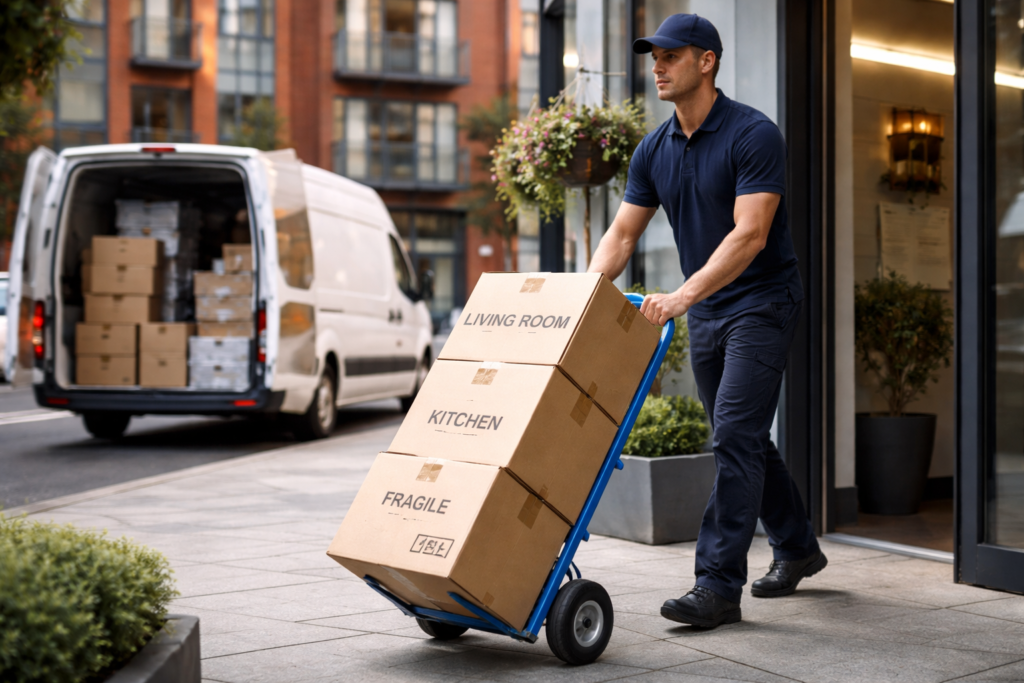 removals in Manchester city-centre entrance with trolley and boxes