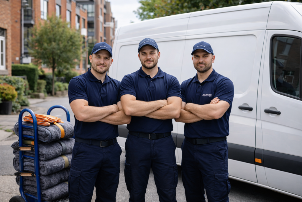 removals team Manchester standing beside a removals van and moving equipment