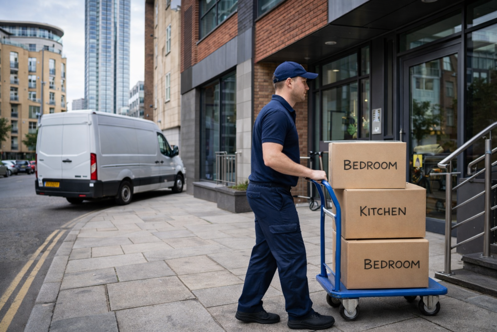 flat removals Manchester city centre apartment entrance with boxes and trolley