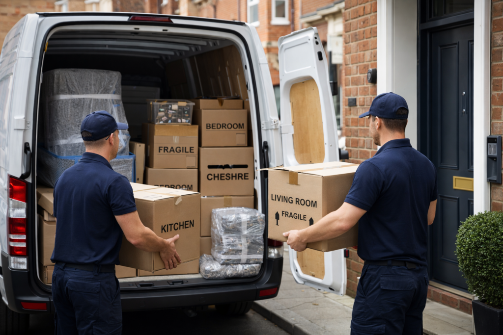removals in Manchester team loading boxes outside a city-centre property