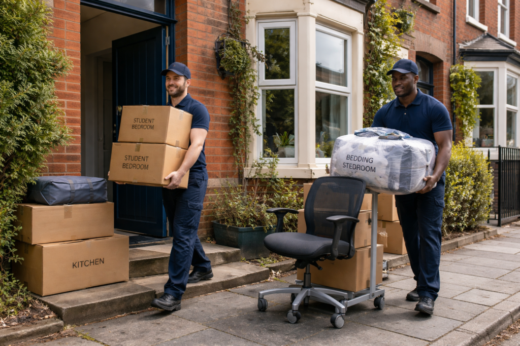 room move Manchester team carrying boxes and a desk chair from a shared house